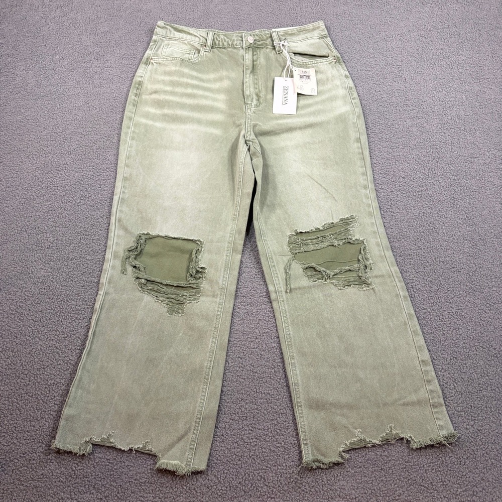 Zenana Jeans Women 29 Green DMP-1862 Wide Leg Distressed Raw Hem Cotton Denim